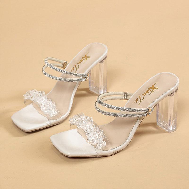 French crystal thick-heeled slippers for women's summer wear 2025 new fairy feng shui diamond two wear temperament high-heeled sandals