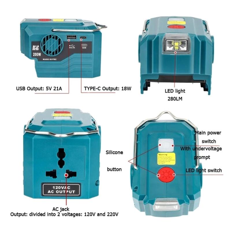 Tragbarer leiser 200W Wechselrichter Outdoor Camping Adapter für 18V Batterie Effiziente Stromumwandlung mit USB und LED-Licht