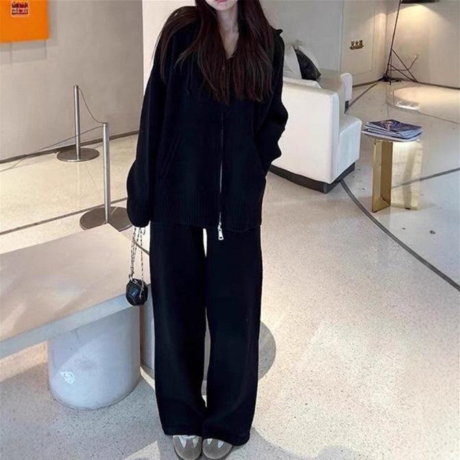 Autumn European Lazy Style Zippered Hooded Cardigan Sweater Set for Women
