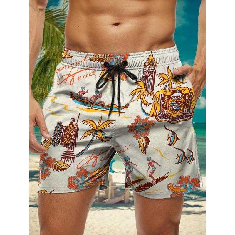 Summer New Hawaiian Plant Print Men's Street Hip Hop Casual Shorts Men's Summer Swim Shorts Drawstring Casual Shorts