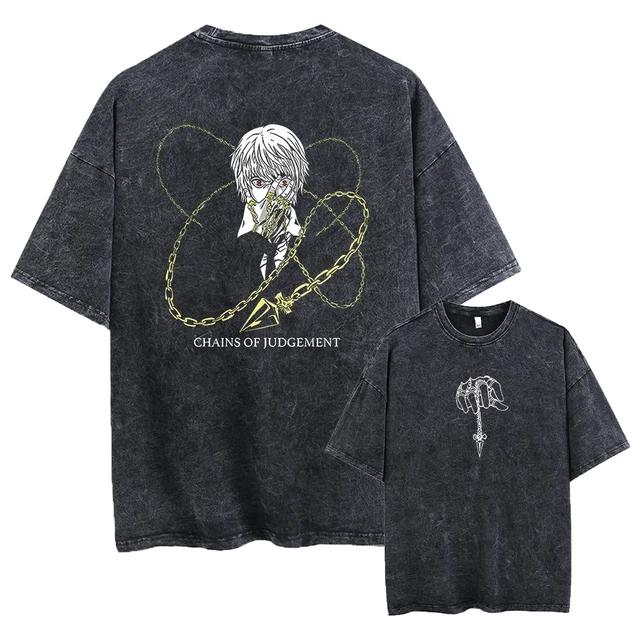 Hip Hop Retro Washed T-Shirt Streetwear Anime Hunter X Hunter Print Graphic T Shirt 100% Cotton Unisex Tshirt Men Tops