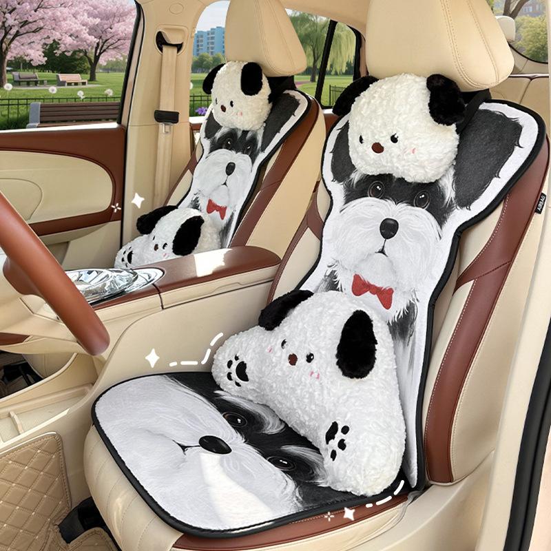 Niedliches Welpen Autositzkissen Plüsch Dick Warm Autositz Nackenkissen Winter Anti-Rutsch Autositzbezug Rückenkissen Lendenwirbelstütze