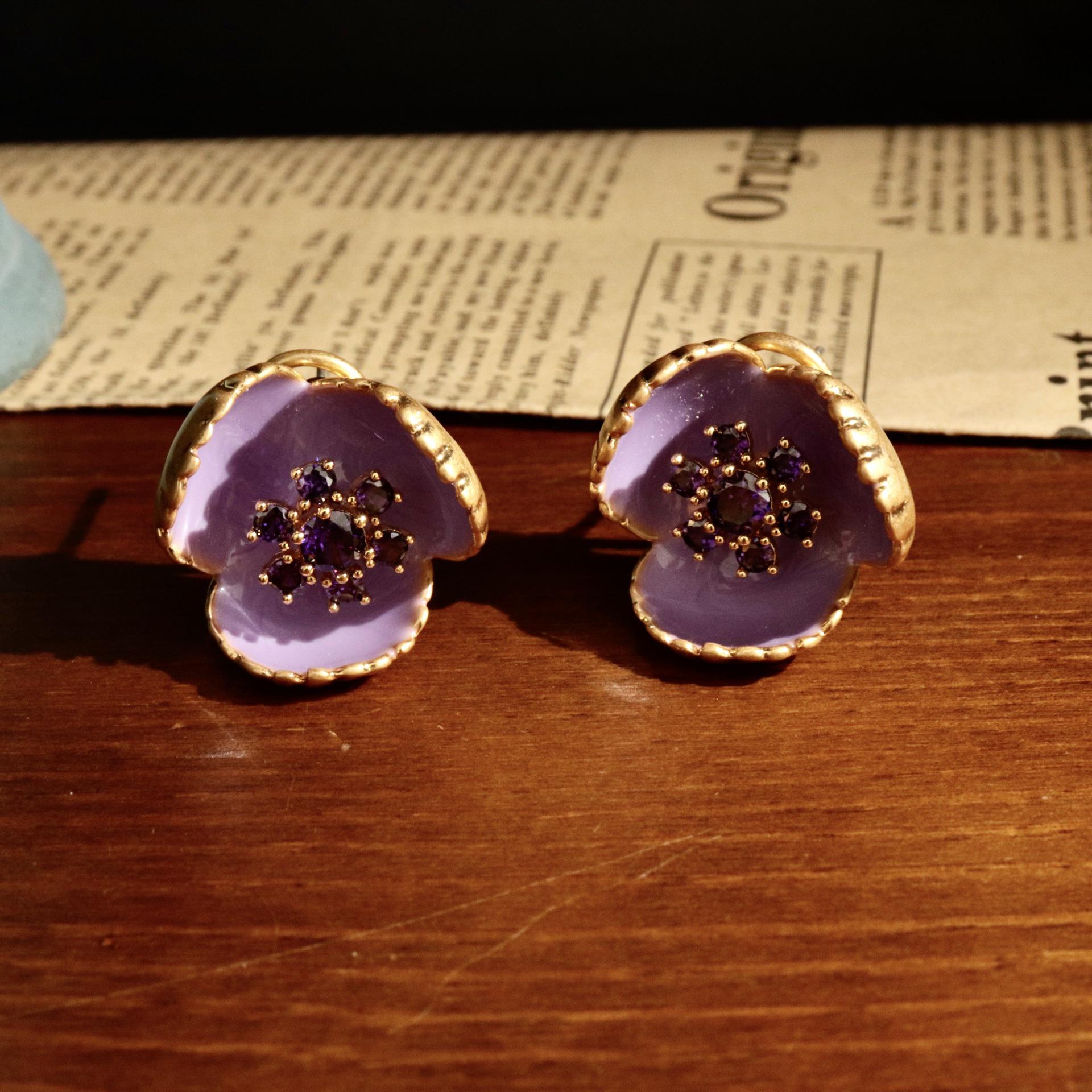 Vintage Copper Enamel Drip Flower Brooch & Rhinestone Ear Cuff Set - Purple Elegant Design