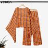 VONDA Women Outfits Plaid Print Long Flare Sleeve Blouse and Wide Leg Pants Casual Two Piece Suit