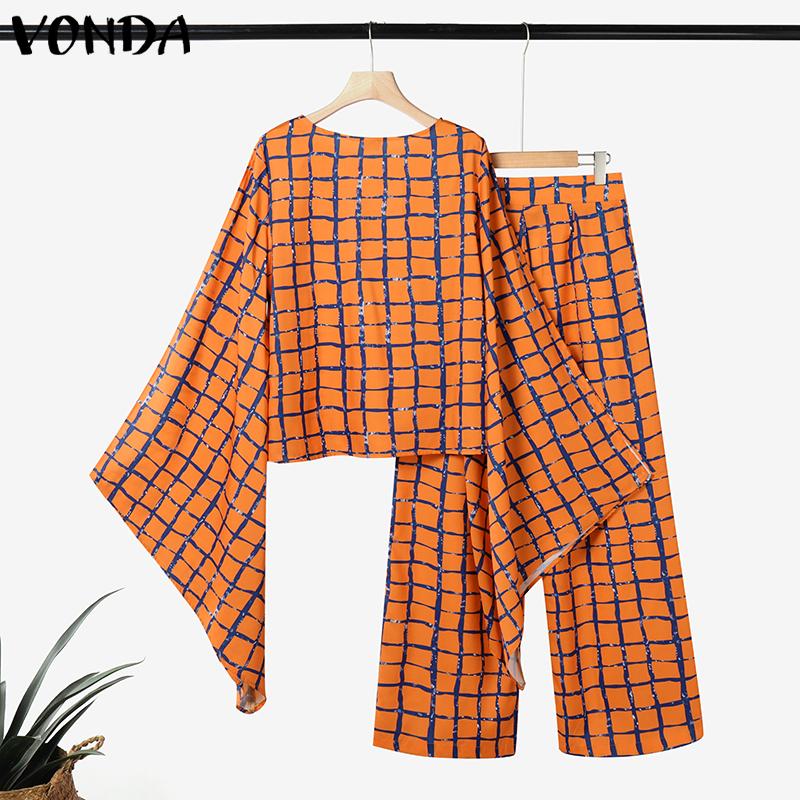 VONDA Women Outfits Plaid Print Long Flare Sleeve Blouse and Wide Leg Pants Casual Two Piece Suit