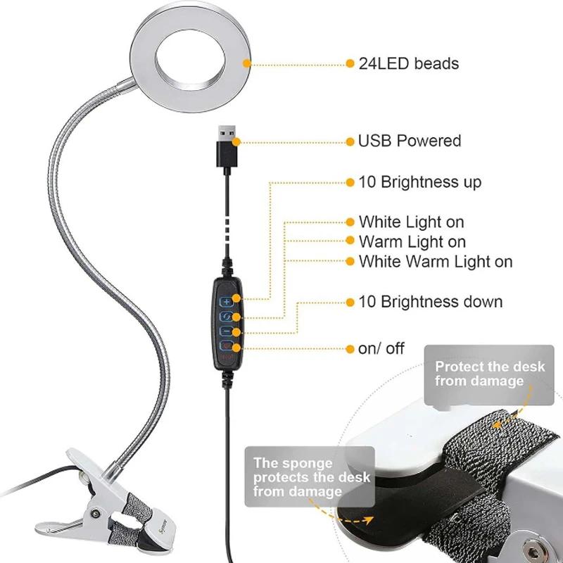 Lampada da lettura a LED con morsetto, 3 colori e 10 luminosità, lampada da scrivania flessibile a collo di cigno, lampada da lettura per bambini, luce notturna, luce da libro