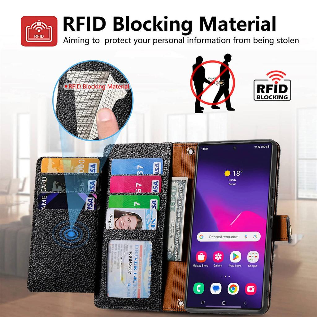 Wallet Case for Samsung Galaxy S25 S24 S23 S22 S21 S20 Ultra Zipper Pocket Purse with Wrist Strap, Stand RFID Flip Card Holder