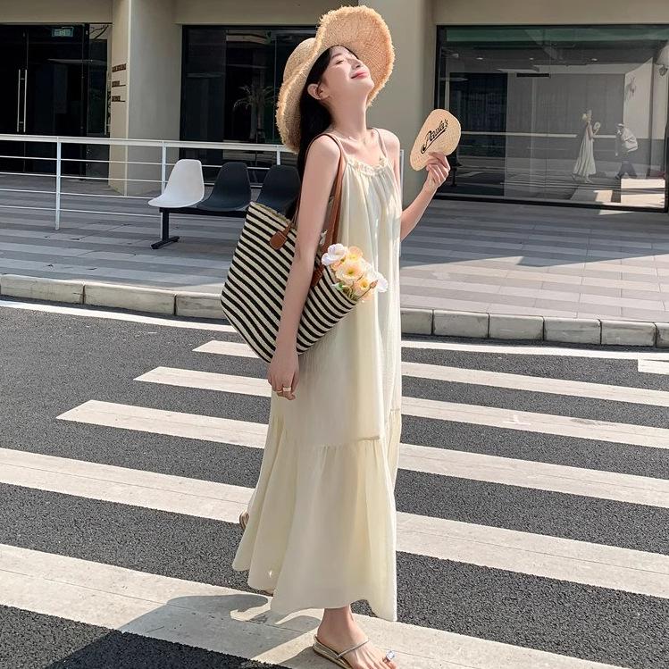 Loose Waist Off-Shoulder Camisole Dress - Women's Summer A-Line, High-End, Vacation Style, Super Fairy, Long Dress.