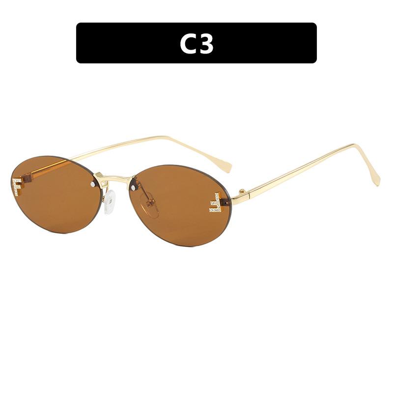 Letter F Frameless Trim Sunglasses Oval Retro Small FrameTrendy Holiday Travelling Sunglasses Women Fashion Metal Sunglasses