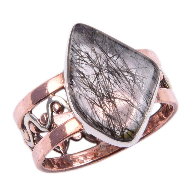 Natural Black Rutile Gemstone 925 Sterling Silver Jewelry Two Tone Ring S.9 g1v75