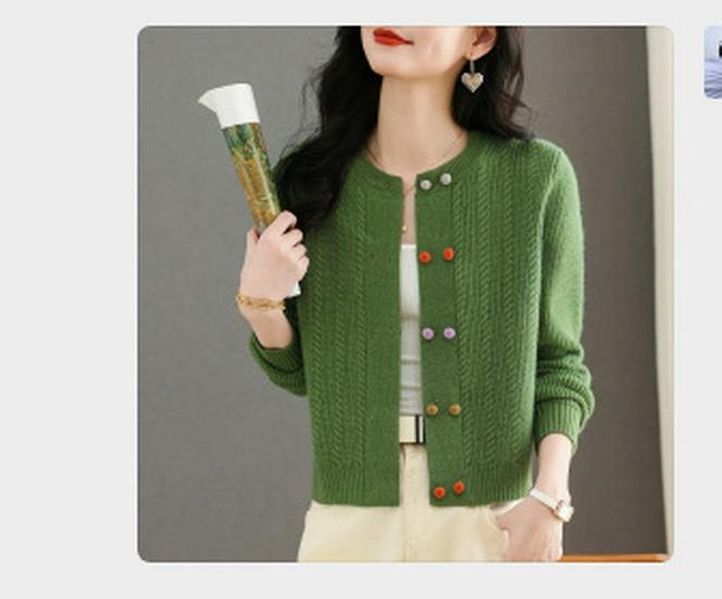 Women's Wool Knit Cardigan - Autumn 2025, Round Neck, Colorful Buttons, Short Sweater Coat