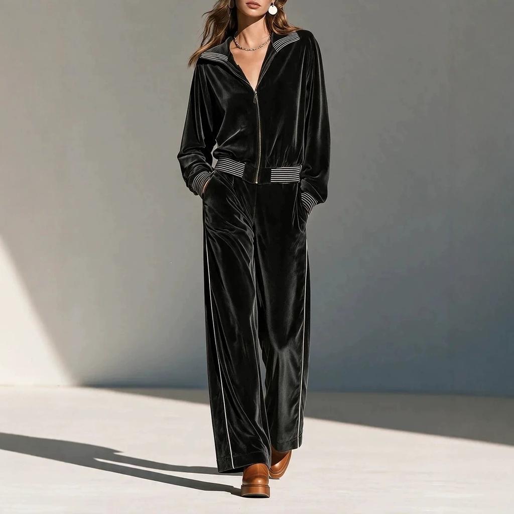 Black velvet striped casual suit, lapel zipper jacket, high waist wide leg trousers two-piece set