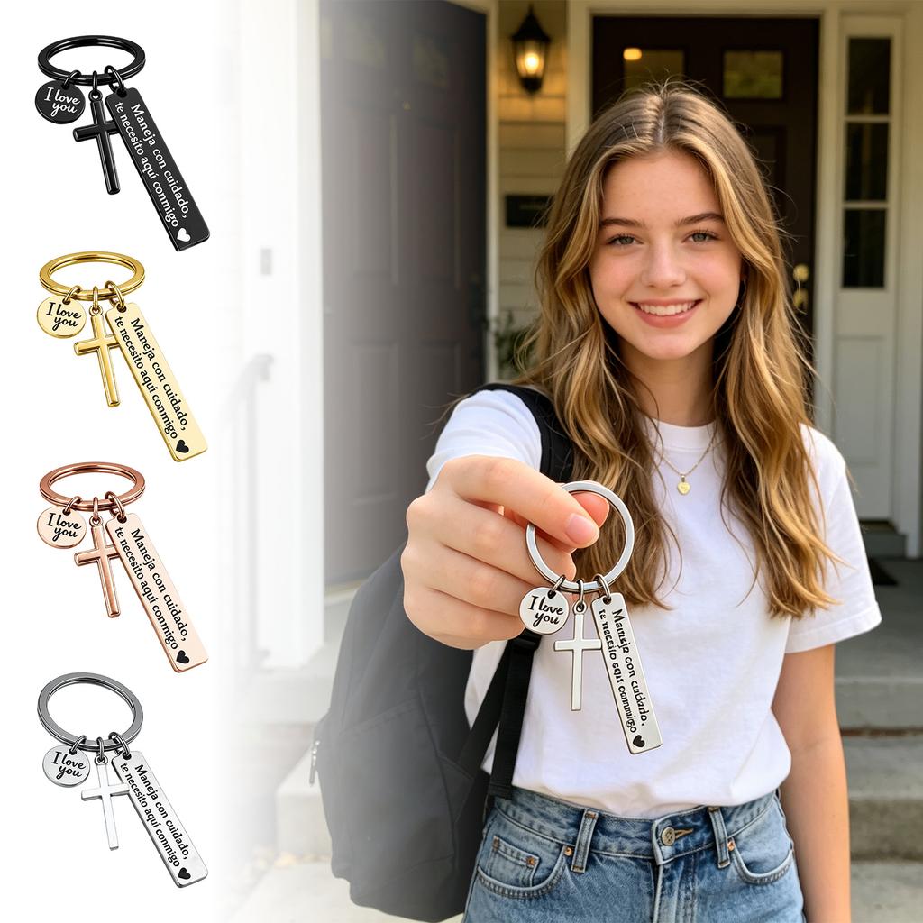 Cross Keychain Safety Reminder Rectangular Car Pendant Inspirational Message Keyring for Daily Use Durable Metal Material