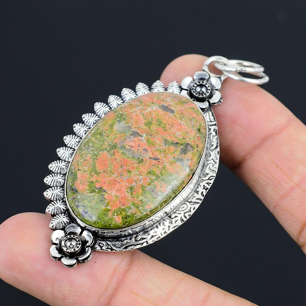 Natural Unakite Gemstone Jewelry 925 Sterling Silver Pendant Flower For Women