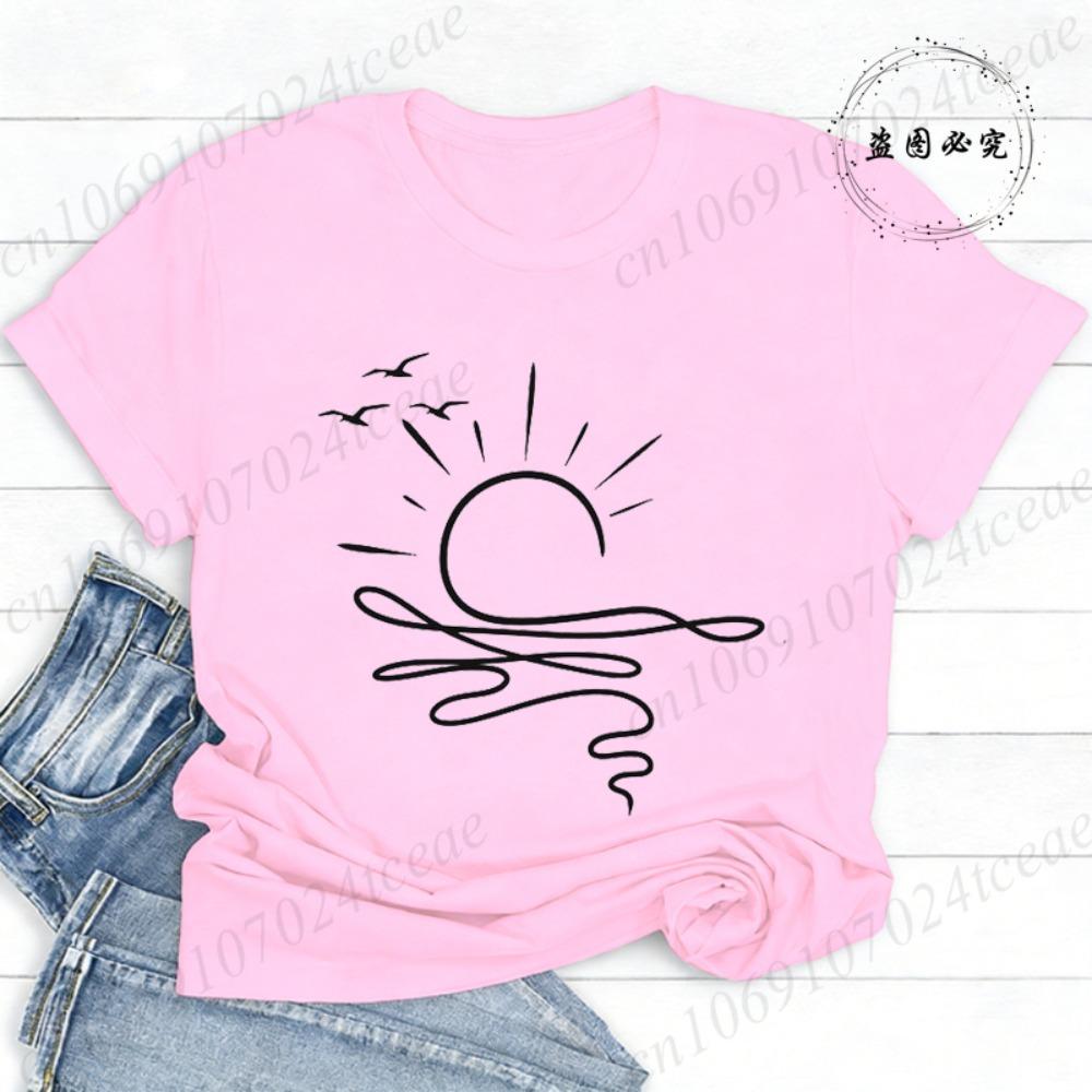 Sun Ocean Shirt Graphic Boho Summer T Shirts Trendy Beach Tee Cute Minimalist Summer T-Shirts Short Sleeve Trip Women's Shirts