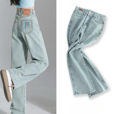 Embroidered High Waist Wide Leg Jeans Women Autumn Light Wash Straight Denim Pants