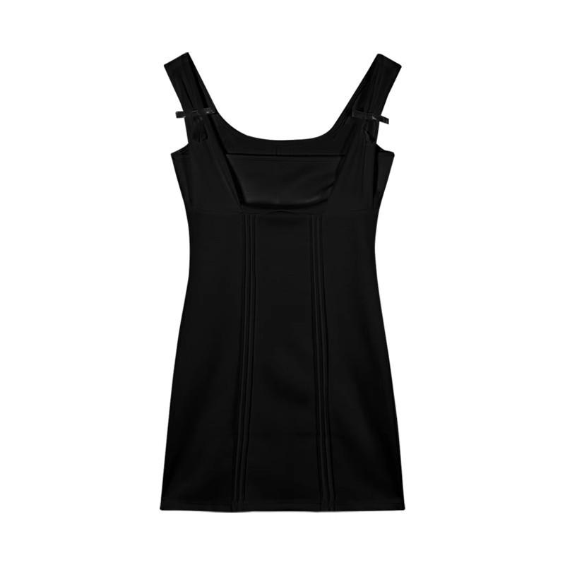 Petite Women's Summer Black Suspender Dress with Bow and Hip Skirt - French Sexy Style