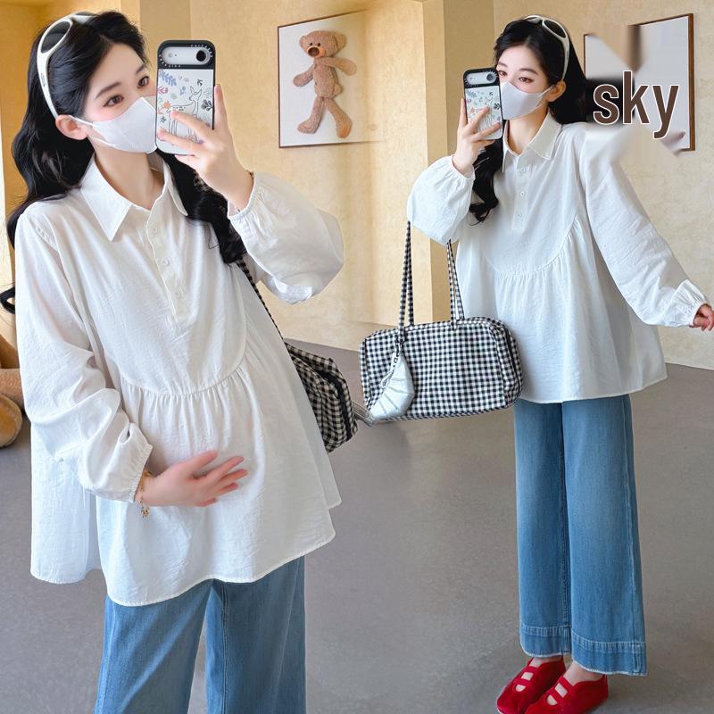 

2026 Spring Loose Lapel Doll Shirt for Pregnant Women Double Extra Large білий