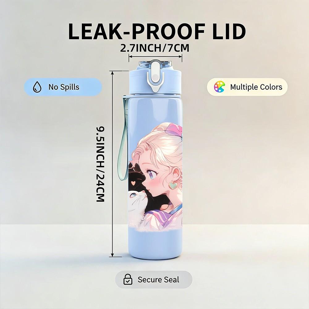 1PC Pastel Anime Girl Character Print 750ml Color Plastic Sports Water Bottle Leakproof Flip Straw Lid Suitable for Sports Office Home Use