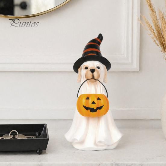 Indoor Haunted House Supplies Halloween Ghost Dog Figurine, Wizard Hat Pumpkin Resin Statue, Cute Tabletop Decor Puppy Ornaments for Entryway