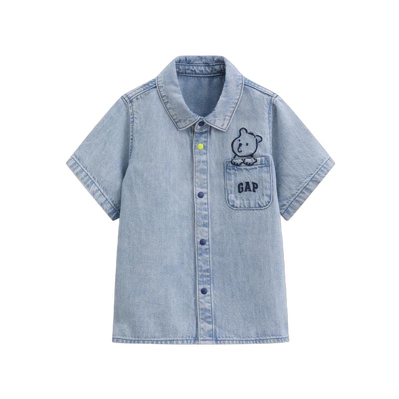 GAP Toddler Unisex Bear Embroidery Denim Short Sleeve Shirt 110/56