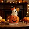 Vintage Halloween Party Favors Pumpkin Ghost Wooden Figurine, Tabletop Decor, Jack O Lantern Solid Wood Festive Centerpieces Statue with Stable Base,