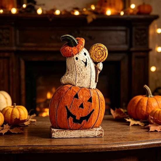 Vintage Halloween Party Favors Pumpkin Ghost Wooden Figurine, Tabletop Decor, Jack O Lantern Solid Wood Festive Centerpieces Statue with Stable Base,