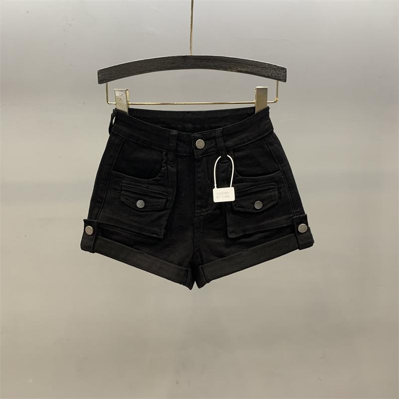 Khaki Flanged Denim Shorts Women's Summer New High-waisted Slim-fitting and Thin A-word Spice Girl Tooling Hot Pants