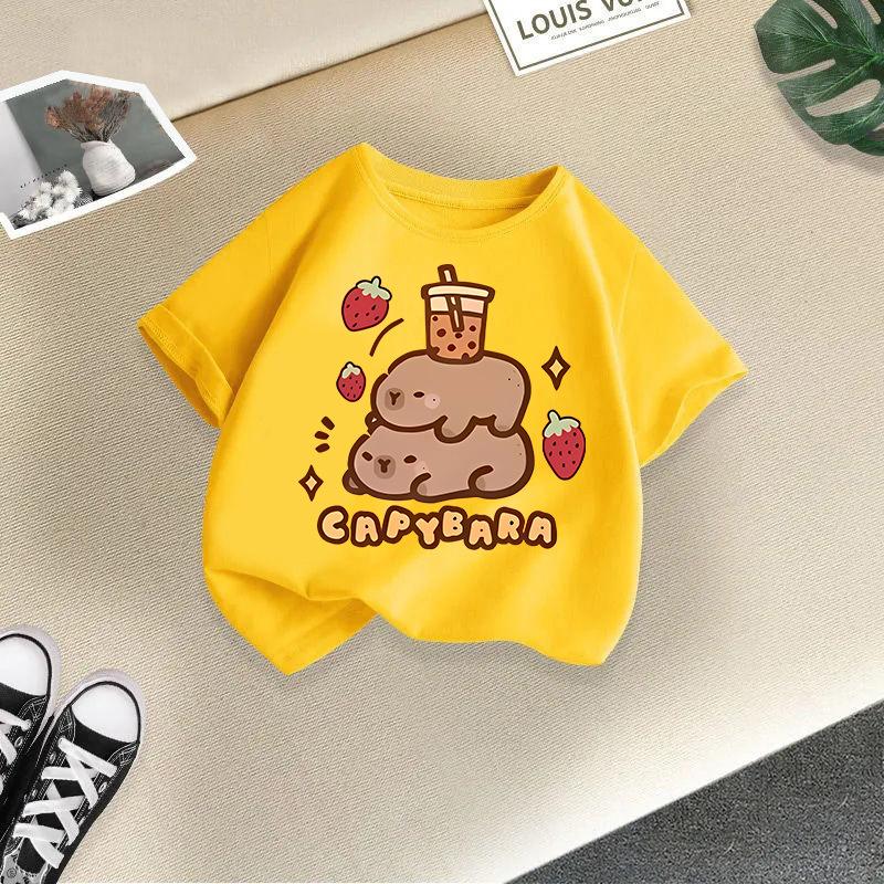 Kinder T-Shirt Capybara Aufdruck Kinder 100% Baumwolle Kleidung Oberteile 2-13J Locker geschnitten Lässig Rundhalsausschnitt Kurzarm T-Shirt