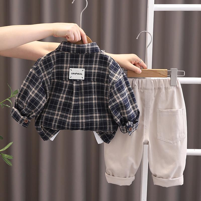 Boys' Long Sleeved 3-piece Set, Children Aged 0-5 Years Old Checkered Jacket+white Printed T-shirt, Casual Pants