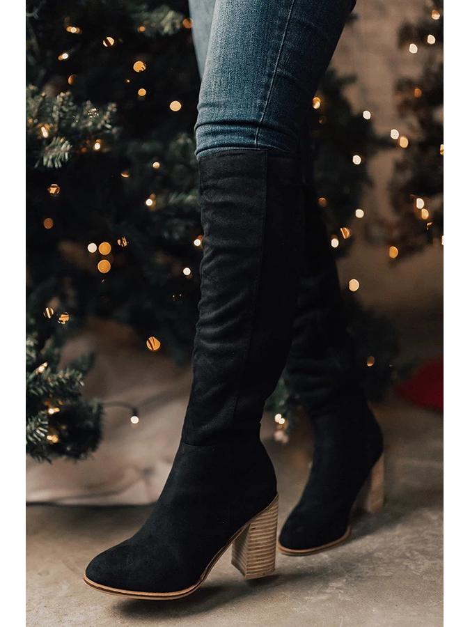 Women's Suede Thick Heel Chelsea Boots - Autumn/Winter, Long, Large Size, Pointed Toe, Side Zipper, Solid Color
