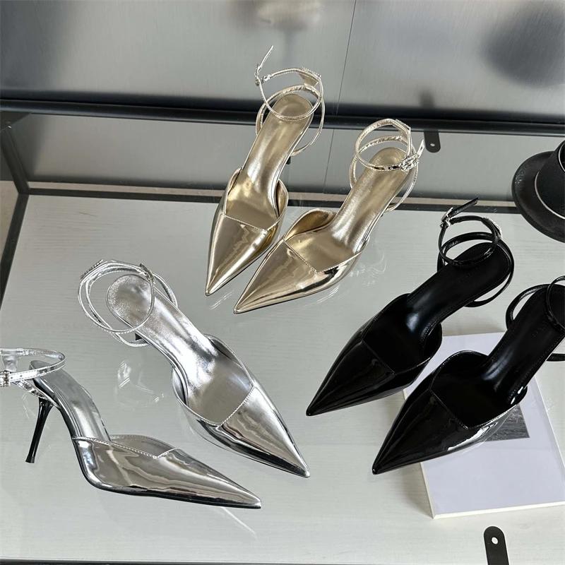 Fashion Eilyken Gold Silver Ankle Buckle Strap Women Pumps Sexy Pointed Toe Thin High Heels Slingback Dress Designer Mules Shoes