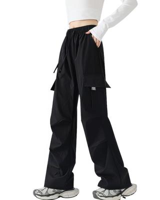 Calças Cargo Longas LUJPOIR com Cintura Elástica e Corte Relaxado Solto Lisas Outono Calças Femininas, Cordão, Ajuste, Casual, Ajuste, Cor, Primavera, Verão, -