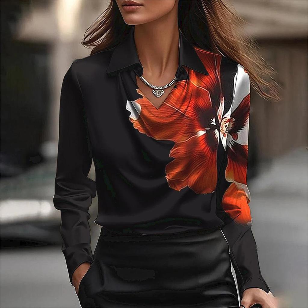 Kadın Modası Baskılı V Yaka Uzun Kollu Mizaç Kazak Gömlek Üst