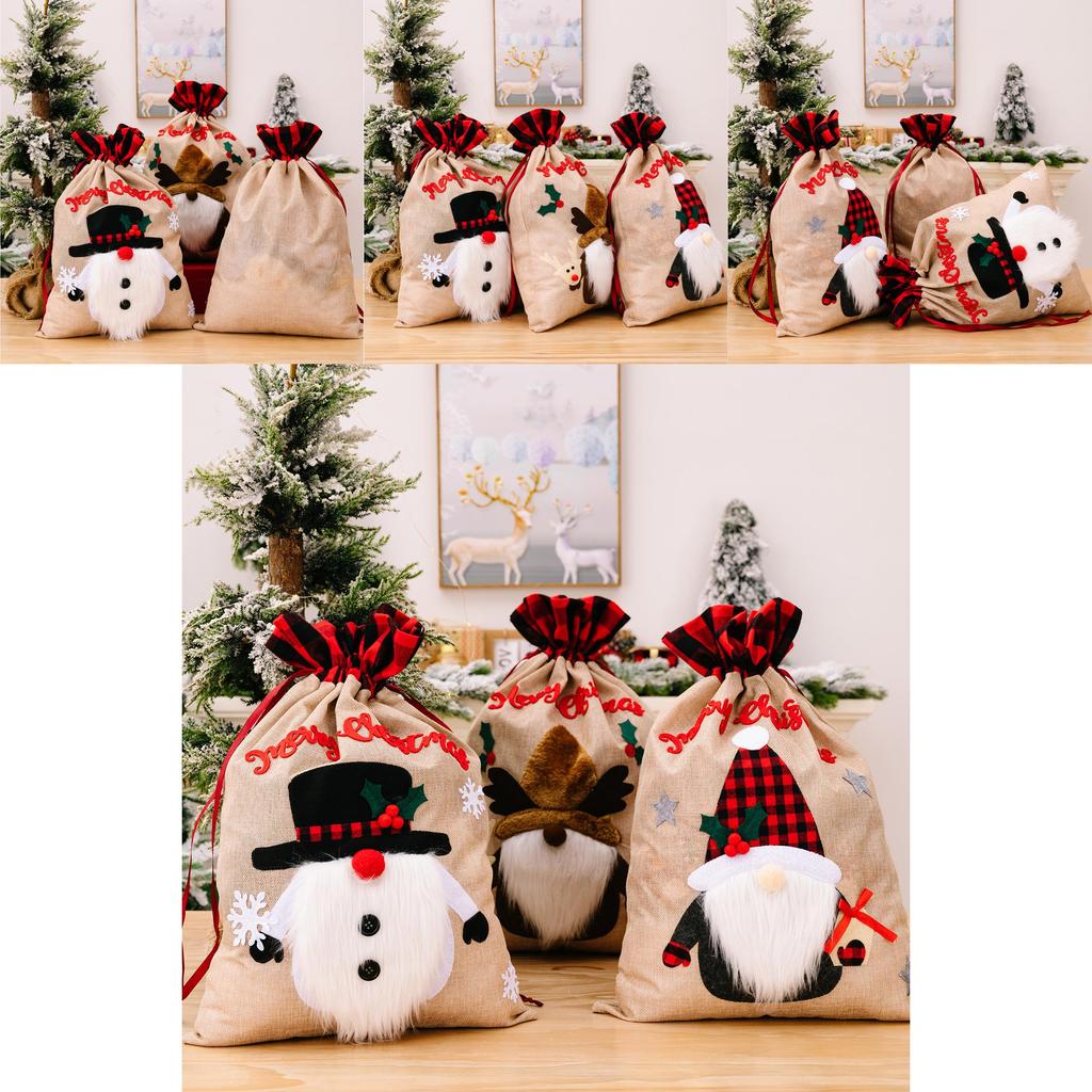 Cartoon Style Christmas Burlap Gift Bags Featuring Merry Snowman Reindeer Design