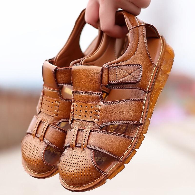 

2025 first layer cowhide fashion summer men s sandals genuine leather men s casual beef tendon sole non-slip bag head beach shoes transparent 44