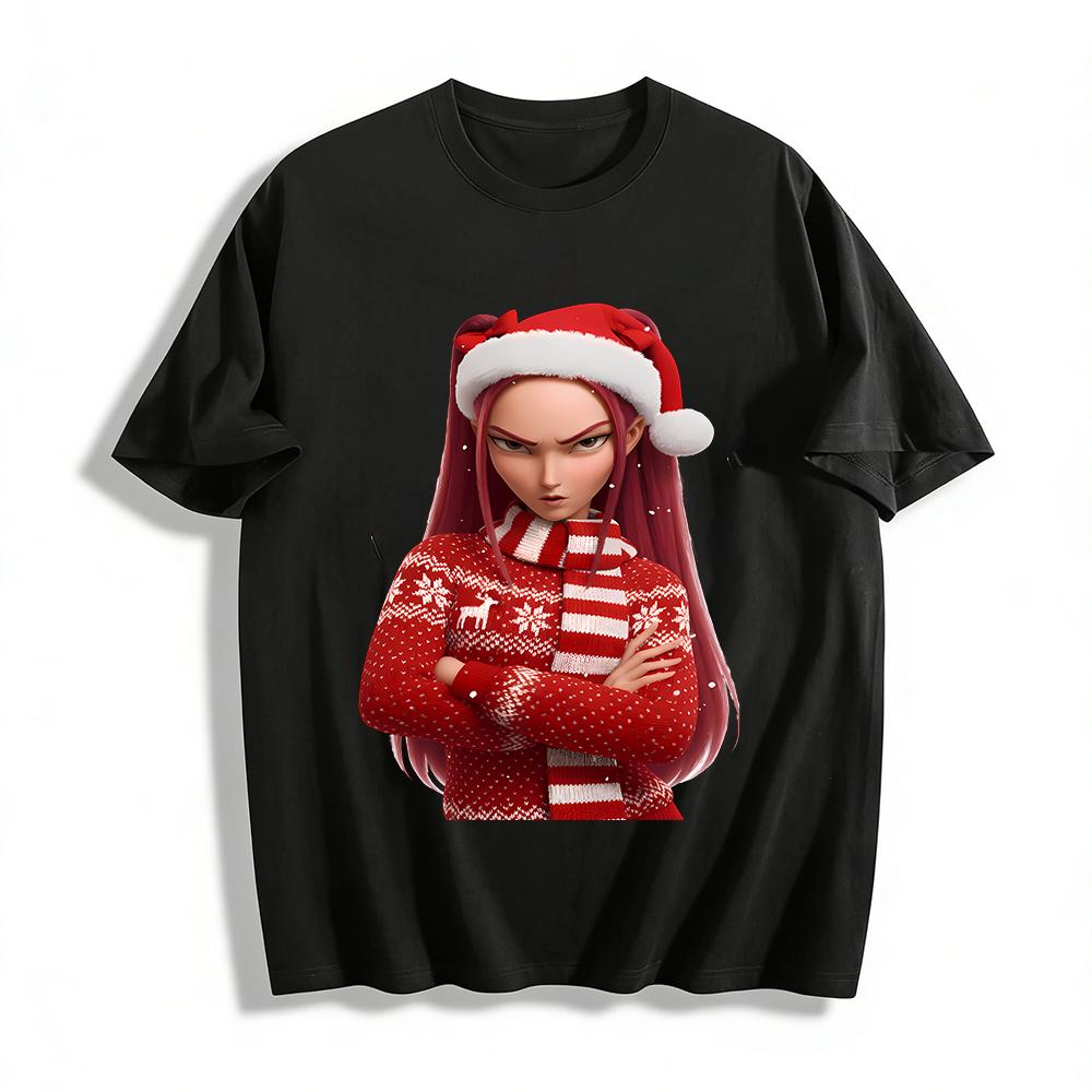 

Grumpy Girl Christmas Print Long Sleeve Top Festive Ugly Sweater Style Fall Winter Knit Shirt Pure cotton T-shirt 6XL