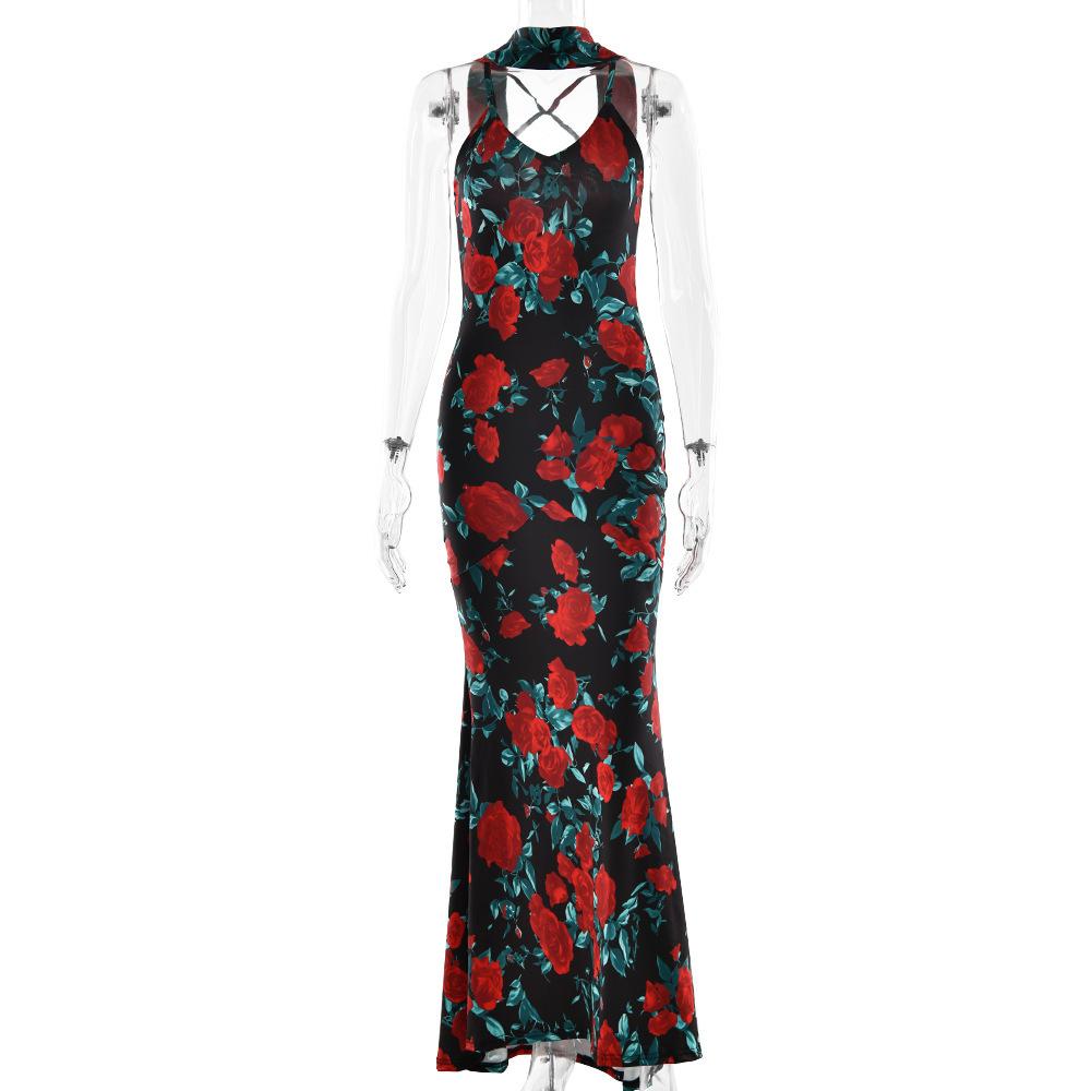 Spring and Summer New European and American Style Printed Dress, Fashionable and Sexy Slim Backless Dress
