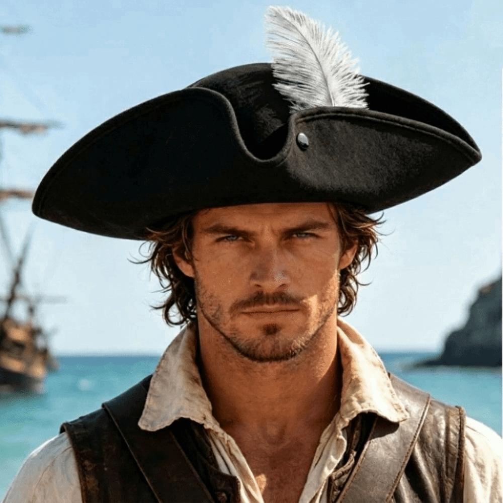 Wide Brim Tricorn Hat Classic Retro Pirate Headwear Pirate Feathers Hat Role-Play Activities