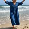Summer Linen Dress for Women, Casual Beach A-Line Flowy Sundress, Short Sleeve V Neck Hollow Eyelets Long Dress