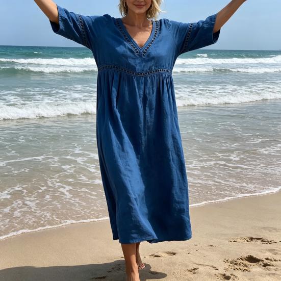 Summer Linen Dress for Women, Casual Beach A-Line Flowy Sundress, Short Sleeve V Neck Hollow Eyelets Long Dress