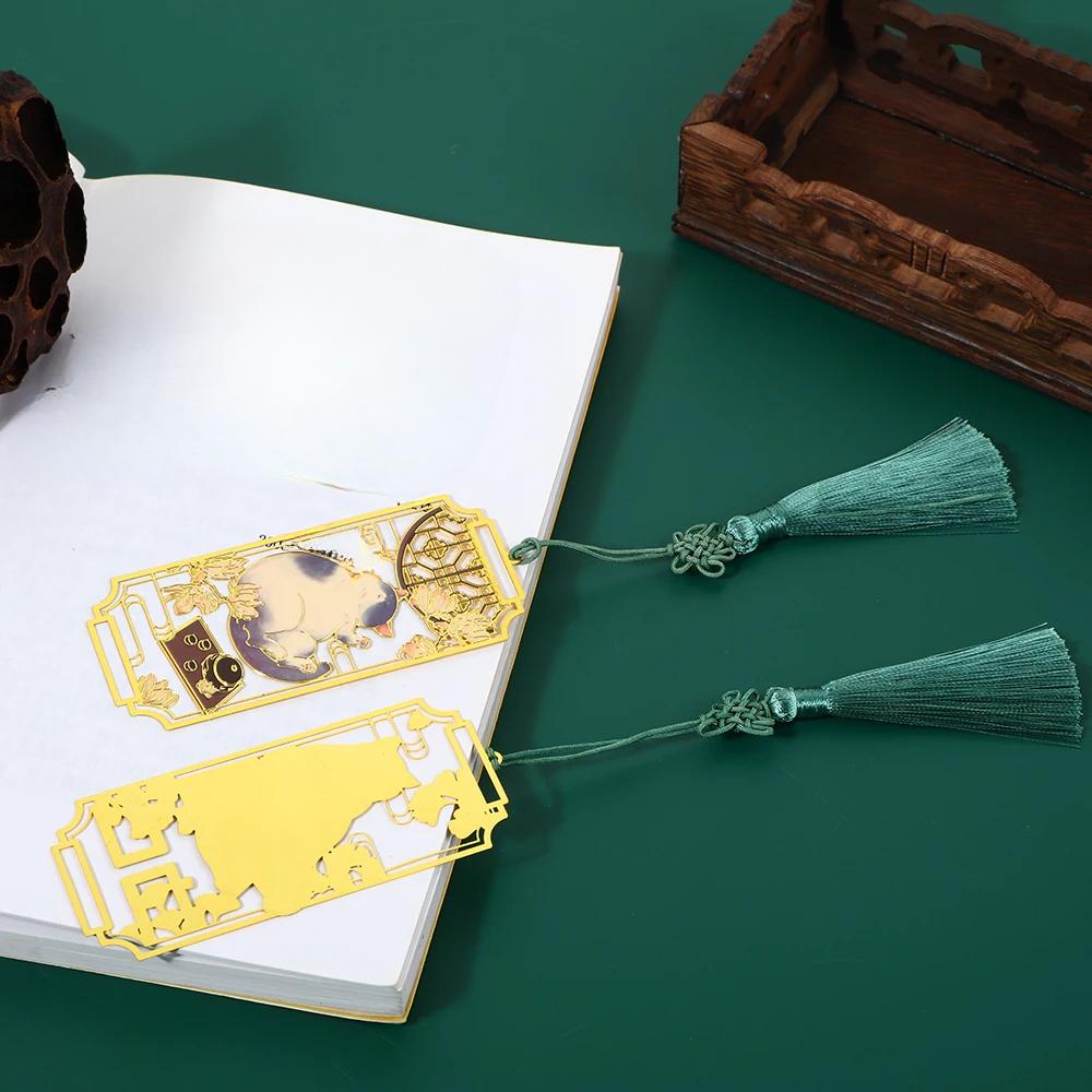 Chinese Style Cat Brass Bookmark Tassel Pendant Book Clip Metal Pagination Mark Student Gift Stationery School Office Supplies