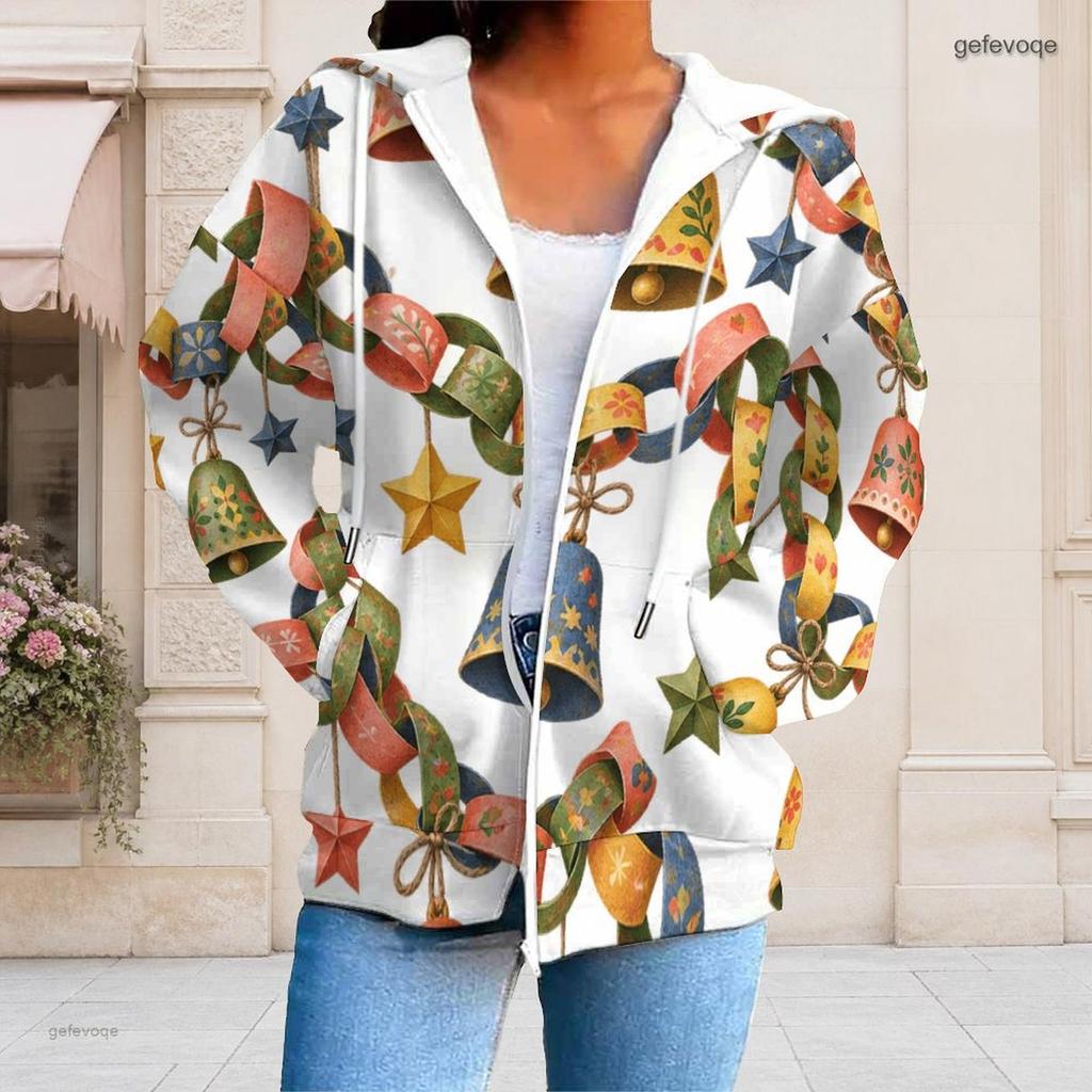 Women Plus Size White Zip Up Long Sleeve Christmas Dachshund Printed Hoodie With Pockets