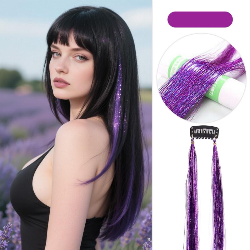 2pcs/set Laser Silk Colorful Hair Piece Extension Colorful Fake Hair Clip in One Piece Hairpiece Colorful Holographic Hair Tinsel Glitter Fairy