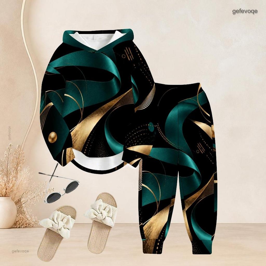 Women Plus Size Beige Grey Printed Two Piece Set Hooded Long Sleeve Top And Cuffed Pants