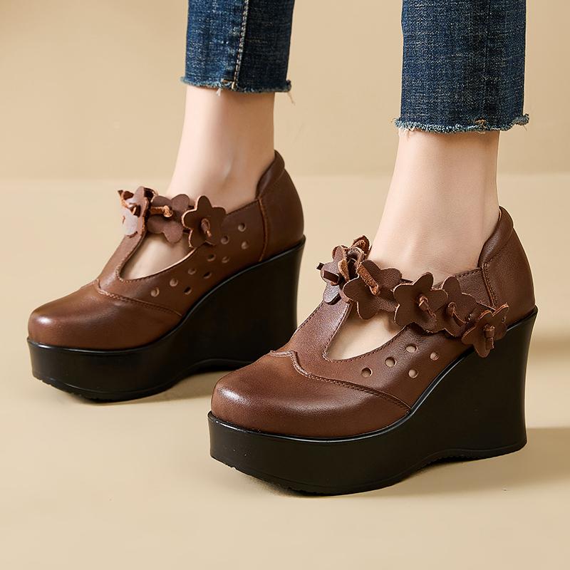 Fashion GKTINOO 2025 Spring Ethnic Style Women Genuine Leather Shoes Flower Wedges Heels Shoes Thick Sole Casual Ladies Platform Shoes