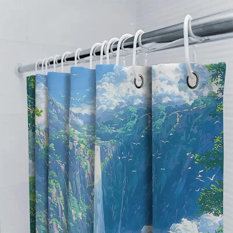 Vibrant Waterfall Shower Curtain for a Refreshing Bathroom, Featuring a Stunning Landscape with Lush Greenery and a Majestic