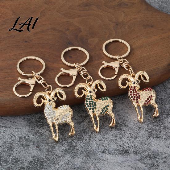 Golden Plated Key Ring Sparkling Rhinestone Goat Keychain for Men Zinc Alloy Accessory Women Decorative Keychain Car Keys Handbags Backpacks Purses