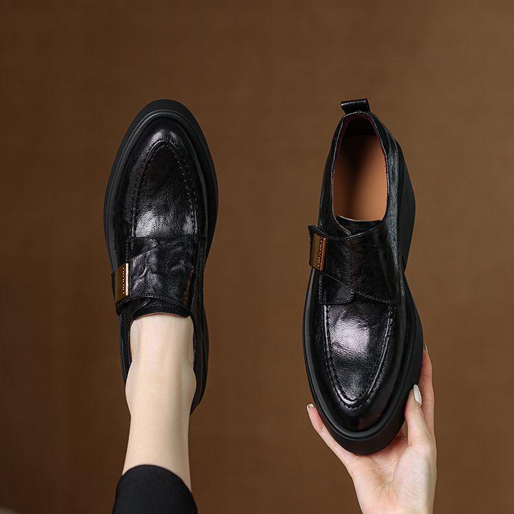 British style platform sheepskin high-heeled single shoes women's 2025 spring new muffin bottom wedge heel leather deep-mouth loafers