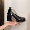 Thick heel Mary Jane high heels bow with skirt high heels women's new pearl chain small single shoes